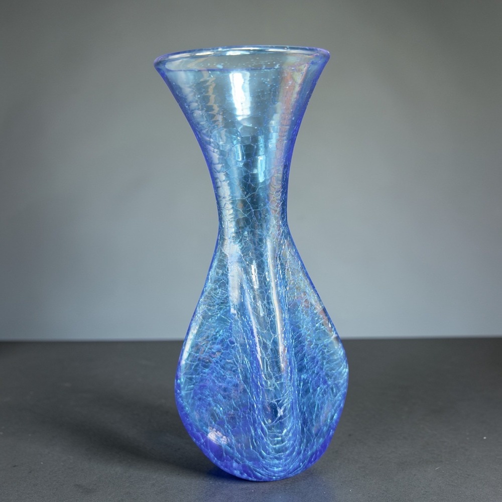Blenko Mid Century Blue Crackle Glass Vase Hand Blown‎ Hourglass Square Base VTG
